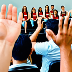 **A dynamic, diverse group of people engaged in a lively Q&A session. Some are actively listening, others are raising their hands to ask questions. The setting is modern and tech-enabled, perhaps a conference or workshop. The overall tone is positive and collaborative, highlighting the power of questions and answers.**