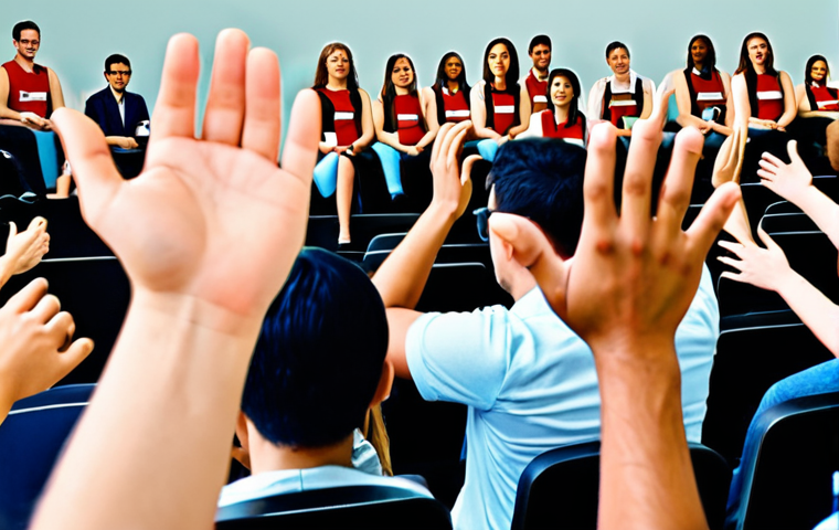 **A dynamic, diverse group of people engaged in a lively Q&A session. Some are actively listening, others are raising their hands to ask questions. The setting is modern and tech-enabled, perhaps a conference or workshop. The overall tone is positive and collaborative, highlighting the power of questions and answers.**