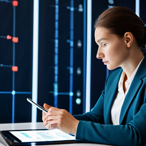 A professional, thoughtful businesswoman in a modest business suit, seated at a sleek modern desk. She is deeply focused, looking at a tablet displaying subtle, abstract data insights related to audience demographics. The background is a blurred, contemporary office setting with soft, ambient lighting, hinting at an unseen audience or demographic information. Perfect anatomy, correct proportions, natural pose, well-formed hands, proper finger count, natural body proportions. High-quality professional photography, detailed, realistic, safe for work, appropriate content, fully clothed, professional dress, family-friendly.