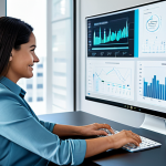 A professional woman in her mid-30s, dressed in a modest business casual outfit, sitting at a sleek desk in a modern, well-lit office. Her attention is on multiple transparent holographic screens displaying dynamic data visualizations, speech bubbles, and an integrated AI chatbot interface. One screen clearly shows a friendly, professional-looking AI avatar, symbolizing the seamless interaction between human expertise and artificial intelligence. The scene emphasizes efficiency and quality in digital communication. Professional photography, high-resolution, perfect anatomy, correct proportions, natural pose, well-formed hands, proper finger count, natural body proportions, safe for work, appropriate content, fully clothed, professional, modest.
