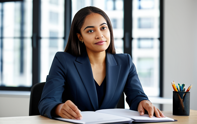 A professional woman, diverse ethnicity, fully clothed in a modest business suit, is depicted in a natural pose, intently listening with a warm, empathetic expression. She is seated at a sleek modern desk in a well-lit contemporary office, with blurred background details hinting at a professional, collaborative environment. Her perfect anatomy and correct proportions are evident, with well-formed hands and proper finger count. The focus is on her insightful gaze, conveying deep connection. safe for work, appropriate content, fully clothed, professional dress, family-friendly, high-quality studio photography, sharp focus, natural colors.