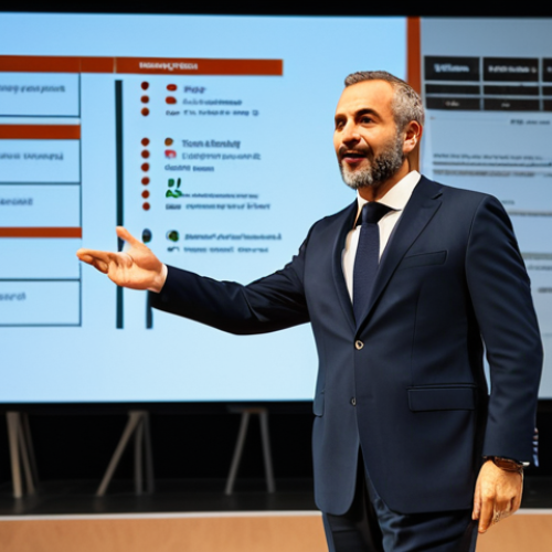 Home 19 Dynamic Speaker on Stage**
"A professional speaker giving a presentation on effective communication in a modern conference hall, fully clothed in a stylish Italian suit, gesturing enthusiastically. The background shows a screen with infographics. Warm, inviting lighting. Perfect anatomy, correct proportions, natural pose, well-formed hands, proper finger count. Safe for work, appropriate content, professional, modest, family-friendly."
**