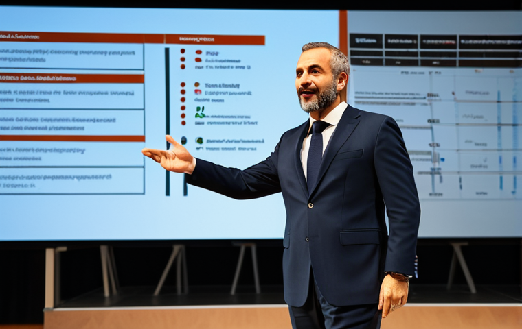Dynamic Speaker on Stage**
"A professional speaker giving a presentation on effective communication in a modern conference hall, fully clothed in a stylish Italian suit, gesturing enthusiastically. The background shows a screen with infographics. Warm, inviting lighting. Perfect anatomy, correct proportions, natural pose, well-formed hands, proper finger count. Safe for work, appropriate content, professional, modest, family-friendly."
**