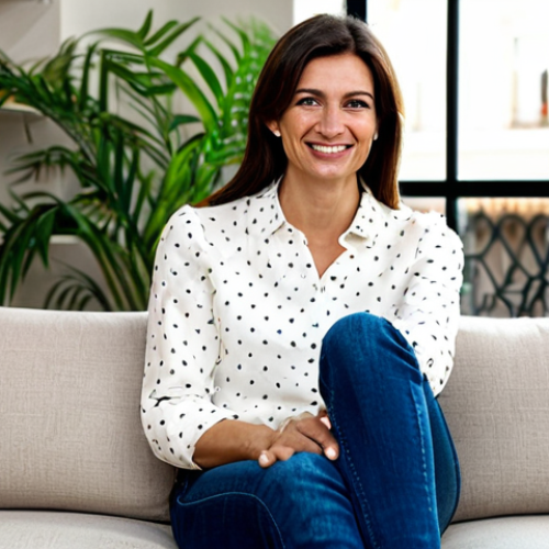 Home 18 "Lifestyle Q&A"**
"A warm and inviting living room in Rome, Italy. A fully clothed, friendly-looking woman in her early 30s, wearing a stylish yet modest blouse and jeans, sits comfortably on a sofa. She's engaging directly with viewers, gesturing slightly with one hand. Soft, natural light. Bookshelves and plants in the background. Safe for work, appropriate content, professional, family-friendly, perfect anatomy, correct proportions, natural pose, well-formed hands, proper finger count, natural body proportions."
**