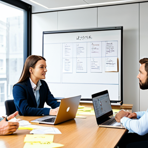 Home 16 질의응답 세션의 성공적인 기획법 - Preparation is Key**
A well-lit modern conference room with a whiteboard filled with notes and key ...